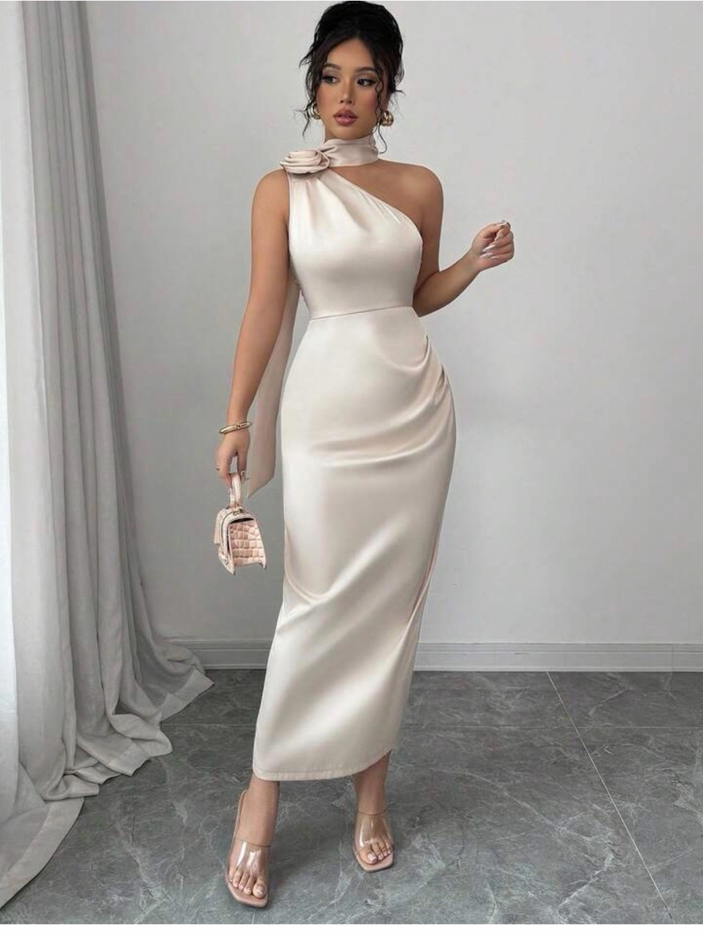 SHEIN One-Shoulder Satin Midi Dress in Ivory Cream